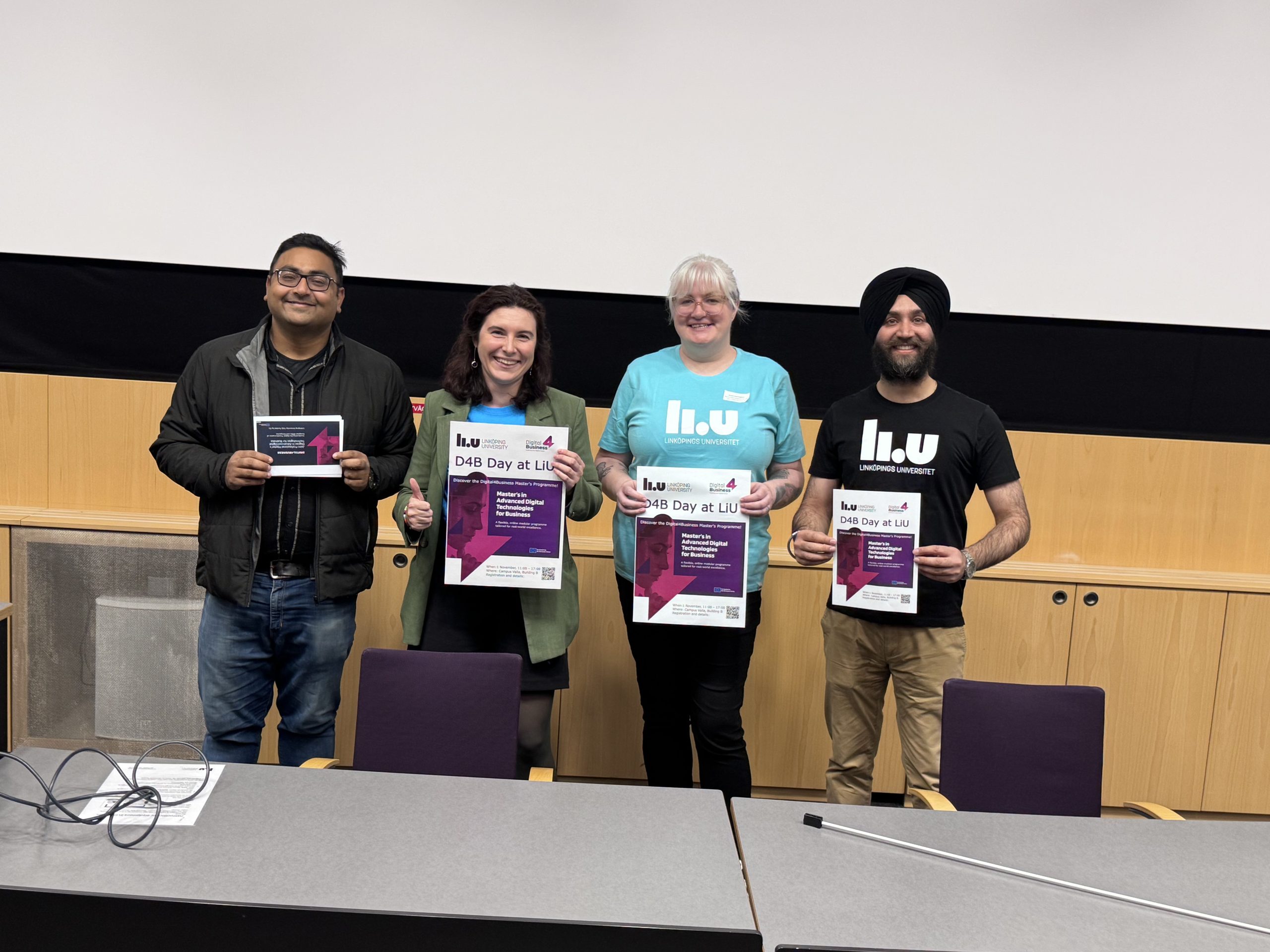 D4B LiU team: Sanjay Chakraborty, Katerina Linden, Susan Harrington, Gurjot Singh standing together at LiU